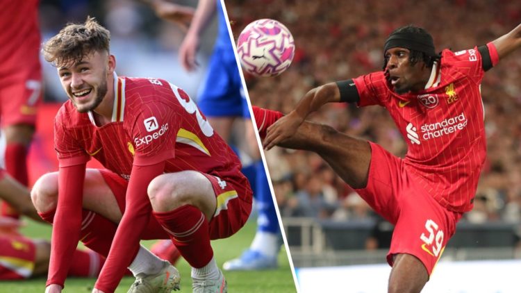 Conor Bradley crouches down on the pitch during Liverpool's Premier League match against Leicester City at King Power Stadium. Jermie Frimpong stre...