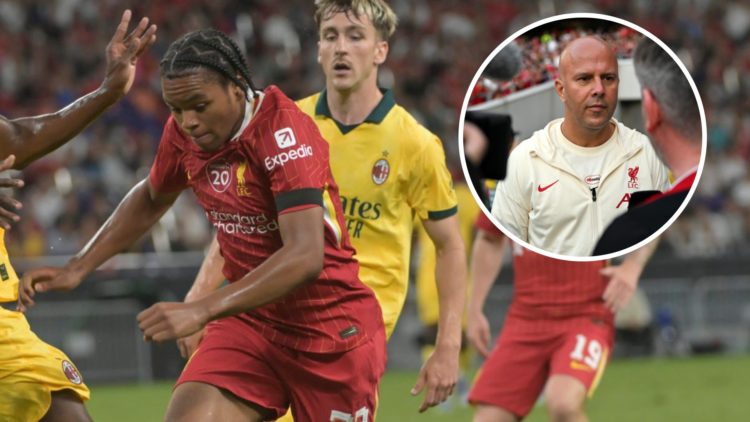 Rio Ngumoha dribbles with the ball during Liverpool's pre-season friendly against AC Milan at Kai Tak Stadium, Hong Kong. Arne Slot answers questio...