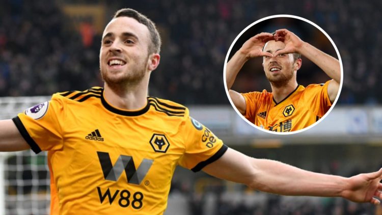 Diogo Jota celebrates after scoring a late winner for Wolves in a Premier League match against Leicester City at Molineux. Wolves striker Diogo Jot...