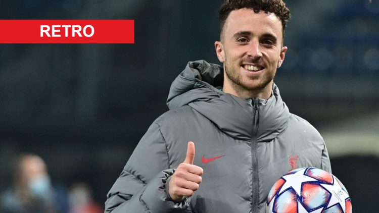 Main: Diogo Jota pictured with his thumb up and holding a Champions League ball. Label: the word RETRO in all caps.