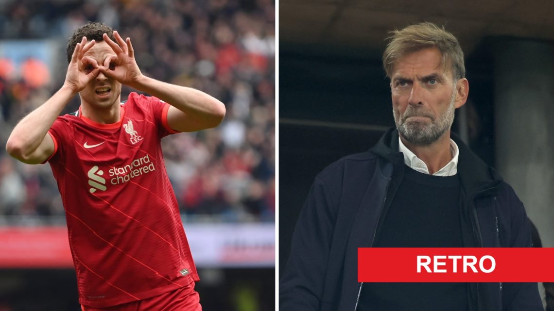 Left: Diogo Jota pictured celebrating after scoring a goal for Liverpool. Right: Jurgen Klopp pictured in the Anfield stands.