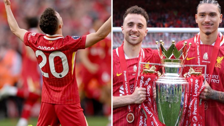 Diogo Jota falls to his knees in celebrations as the final whistle confirms Liverpool as Premier League champions after beating Tottenham Hotspur a...