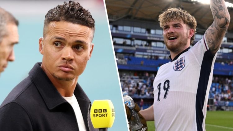Left: Jermaine Jenas presenting for BBC Sport. Right: Liverpool's Harvey Elliott celebrating England's Under-21 World Cup win.