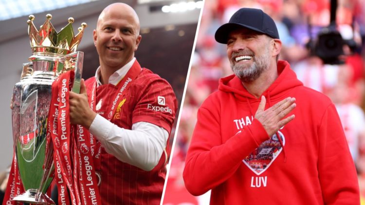 Arne Slot, Manager of Liverpool, celebrates with the Premier League trophy, as Liverpool are crowned the Champions of the Premier League for the 20...