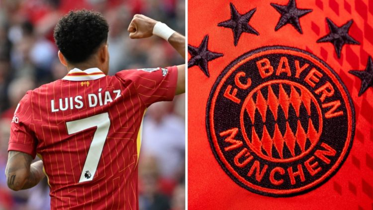 Luis Diaz raises his fist in celebration after scoring for Liverpool against Arsenal at Anfield. Bayern Munich badge on the 2024/25 home shirt.
