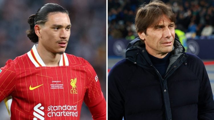 Left: Darwin Nunez pictured playing for Liverpool. Right: Antonio Conte on the side-line as his team are playing a game