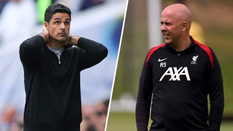 Left: Mikel Arteta with his hands behind his head looking dejected. Right: Arne Slot leading a Liverpool training session