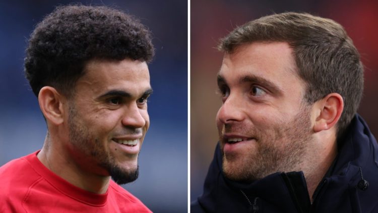 Left: Luis Diaz pictured warming up for Liverpool. Right: Fabrizio Romano pictured on the side-line of a football match
