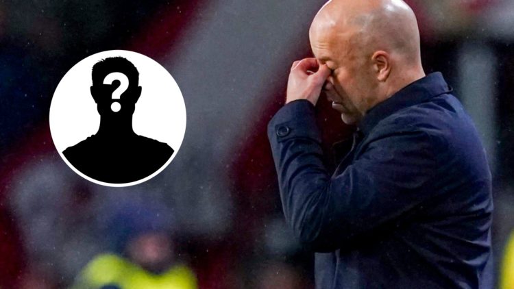 Main: Arne Slot with his hand over his eyes during a Champions League game between PSV and Liverpool. Insert: Mystery player