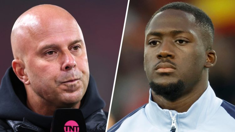 Left: Arne Slot pictured on the Liverpool side-lines. Right: Liverpool player Ibrahima Konate pictured lining up for France.