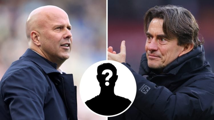 Left: Arne Slot on the Liverpool touchline. Right: Thomas Frank clapping the Brentford fans after a Premier League game. Insert: Mystery player.