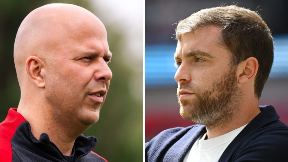 Left: Arne Slot leading a Liverpool training session. Right: Transfer guru Fabrizio Romano pictured looking concentrated.