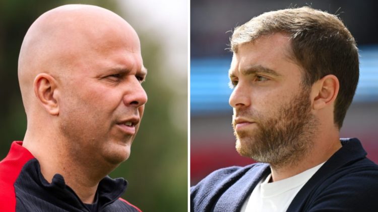 Left: Arne Slot leading a Liverpool training session. Right: Transfer guru Fabrizio Romano pictured looking concentrated.