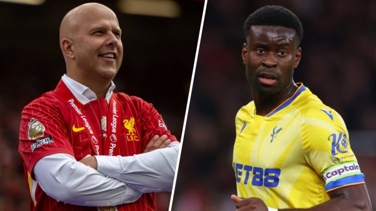 Left: Arne Slot pictured smiling after Liverpool lifted the Premier League title. Right: Marc Guehi in action for Crystal Palace.