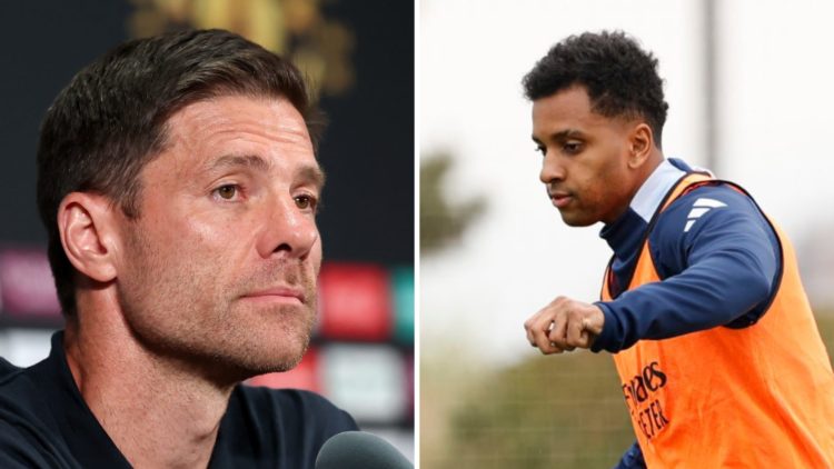 Left: Xabi Alonso pictured before one of Real Madrid's Club World Cup games. Right: Rodrygo pictured taking part in a Real Madrid training session.