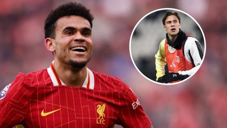 Luis Diaz looks on with exasperation during Liverpool's Premier League match against Southampton at Anfield. Juventus forward Kenan Yildiz warms up...