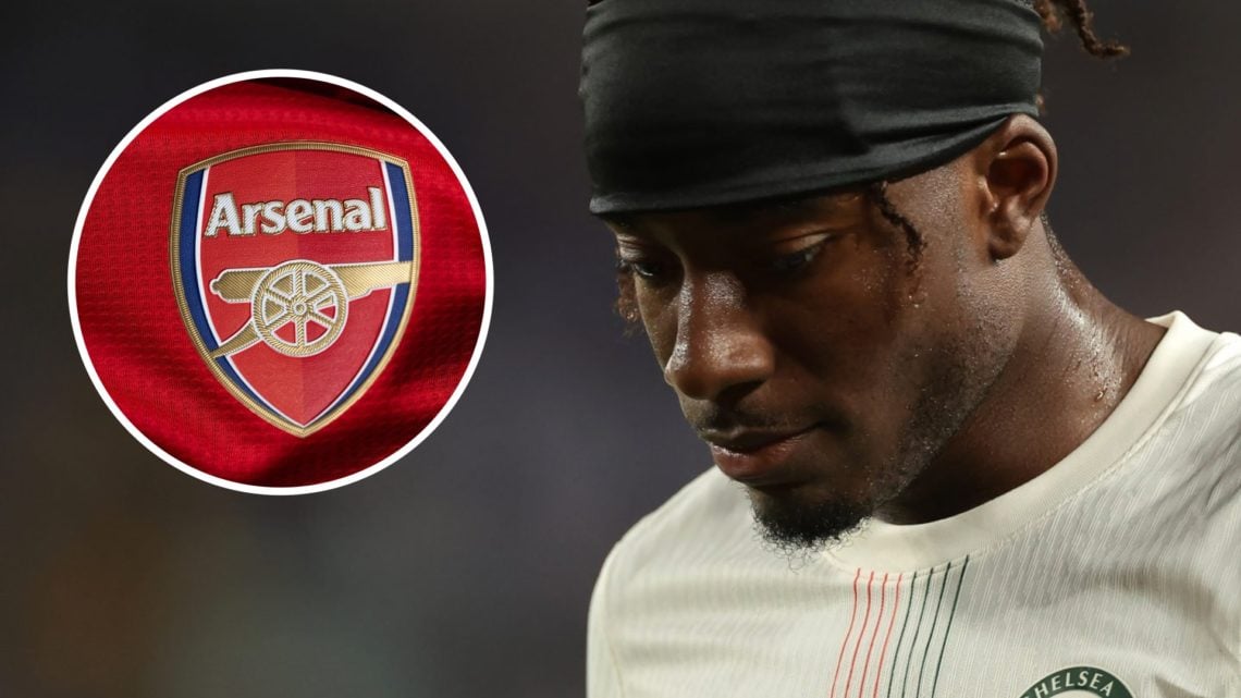 Noni Madueke looks on while playing for Chelsea during the FIFA Club World Cup match against Esperance. Arsenal badge on the 2024/25 home kit.