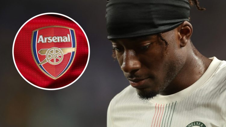 Noni Madueke looks on while playing for Chelsea during the FIFA Club World Cup match against Esperance. Arsenal badge on the 2024/25 home kit.