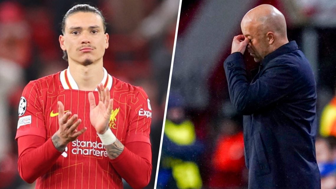 Left: Darwin Nunez looking upset after Liverpool were knocked out of the Champions League. Right: Arne Slot with his hand over his eyes on Liverpoo...