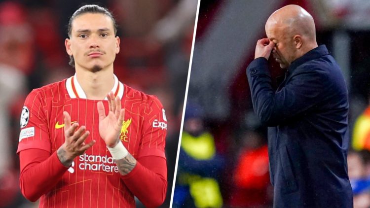 Left: Darwin Nunez looking upset after Liverpool were knocked out of the Champions League. Right: Arne Slot with his hand over his eyes on Liverpoo...