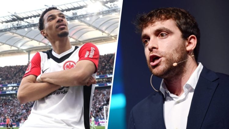 Left: Hugo Ekitike celebrating after scoring a goal for Frankfurt. Right: Fabrizio Romano pictured at a summit.
