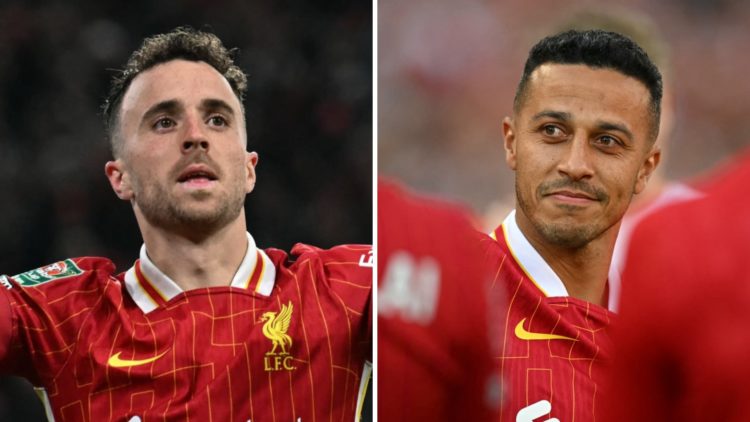 Diogo Jota points to the sky as he celebrates scoring against West Ham United for Liverpool in the Carabao Cup at Anfield. Thiago Alcantara smiles ...