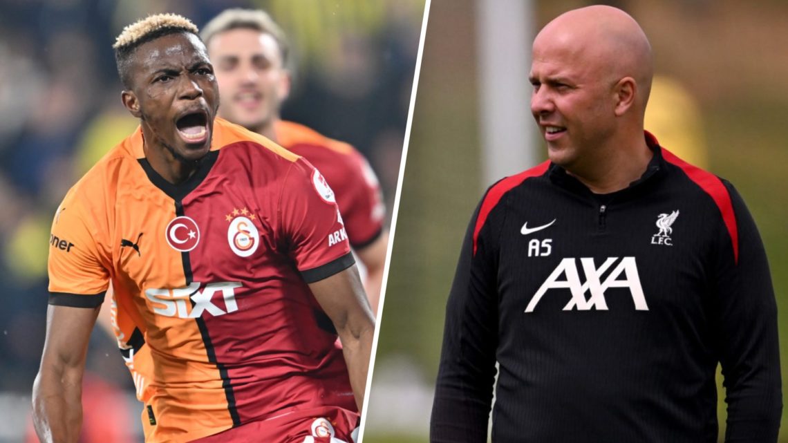 Left: Victor Osimhen pictured celebrating after scoring for Galatasaray. Right: Arne Slot leading a Liverpool training session.