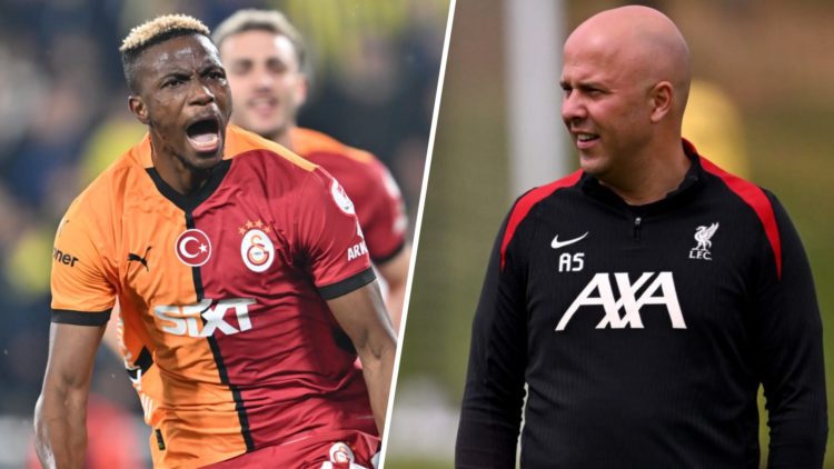 Left: Victor Osimhen pictured celebrating after scoring for Galatasaray. Right: Arne Slot leading a Liverpool training session.