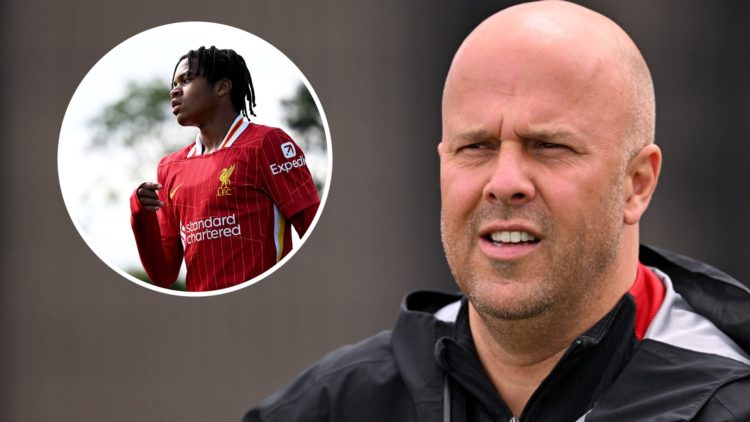 Arne Slot watches on during a Liverpool training session at the AXA Training Centre. Rio Ngumoha in action for Liverpool U18s against Chelsea U18s.