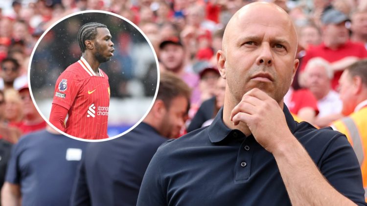 Arne Slot looks on ahead of Liverpool's Premier League match against Arsenal at Anfield. Amara Nallo in action for Liverpool during the Premier Lea...