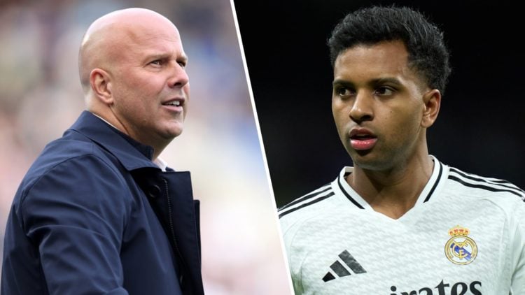 Left: Arne Slot on the Liverpool touchline. Right: Rodrygo playing for Real Madrid.