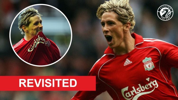 Fernando Torres wheels away in celebration after scoring for Liverpool against Derby County at Anfield. Fernando Torres bites his shirt in celebrat...