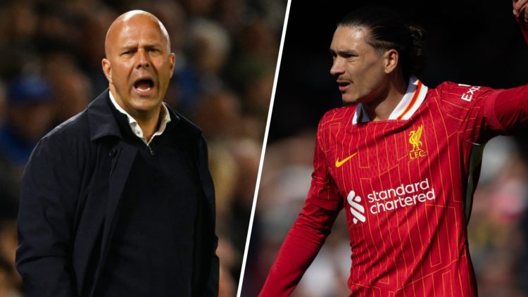 Left: Arne Slot looking animated on the Liverpool touchline. Right: Darwin Nunez pictured in action for Liverpool.
