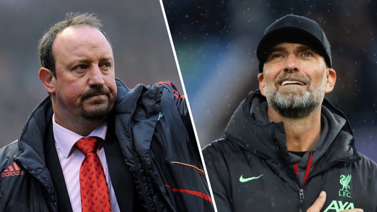 Rafa Benitez gives a thumbs up to supporters after Stoke City vs Liverpool in the Premier League. Jurgen Klopp gestures to Liverpool fans after his...