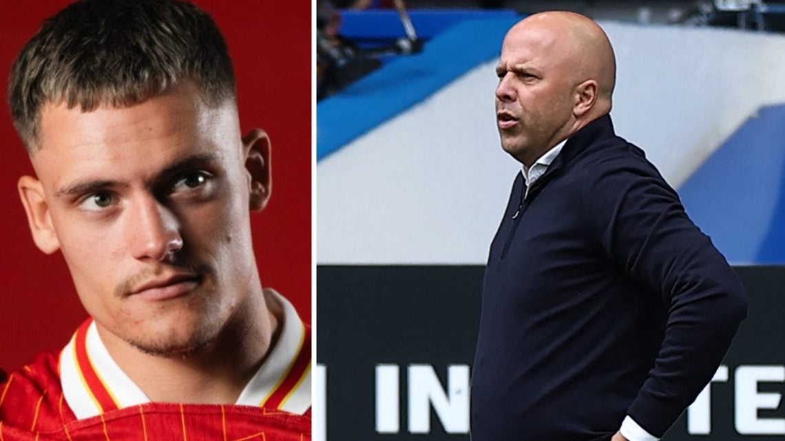 Florian Wirtz poses after being unveiled as a new Liverpool player. Arne Slot stands and watches from the touchline as Liverpool take on Chelsea in...