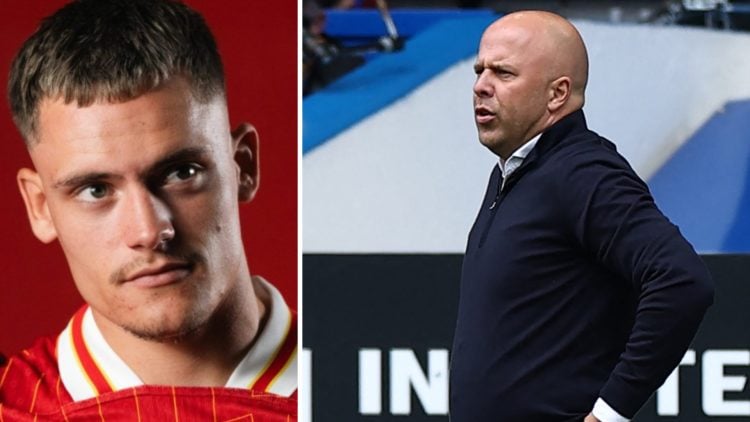 Florian Wirtz poses after being unveiled as a new Liverpool player. Arne Slot stands and watches from the touchline as Liverpool take on Chelsea in...