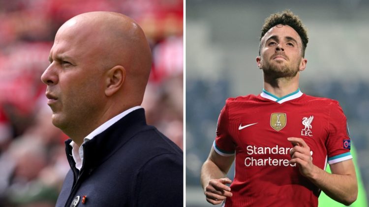 Arne Slot looks on during Liverpool's Premier League match against West Ham United at Anfield. Diogo Jota runs off in celebration after scoring for...
