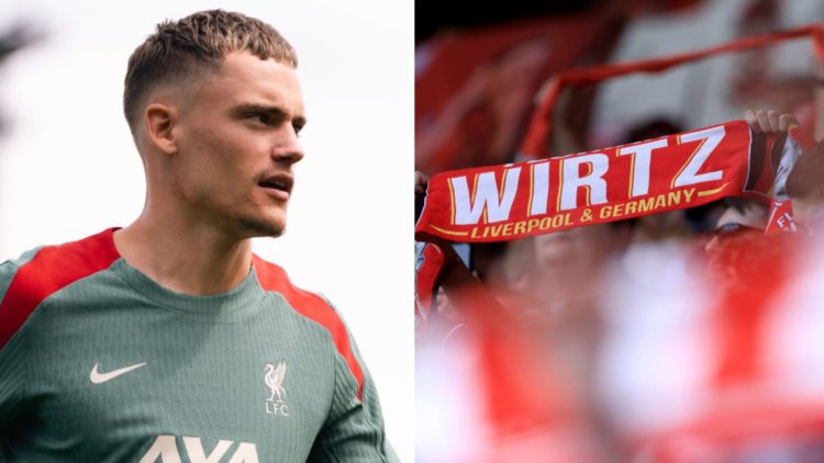 Florian Wirtz is put through his paces at the AXA Training Centre ahead of his unveiling as a new Liverpool player. A Liverpool fan holds up a scar...