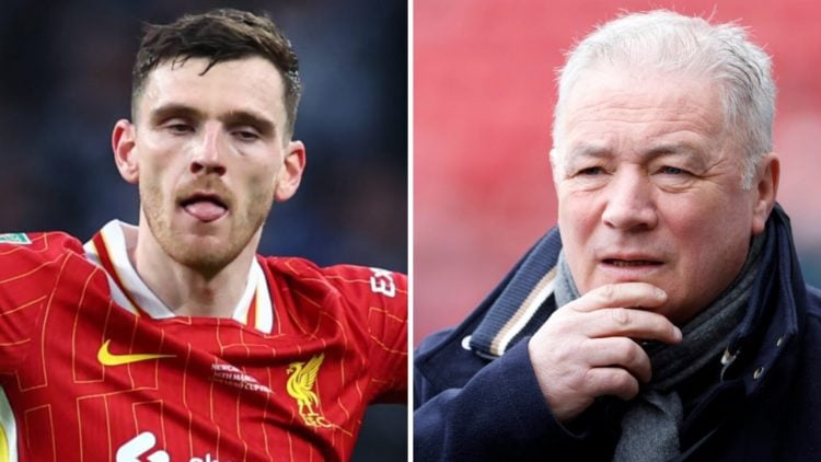 Left: Andy Robertson pictured celebrating for Liverpool. Right: Ally McCoist pictured presenting during a football match.