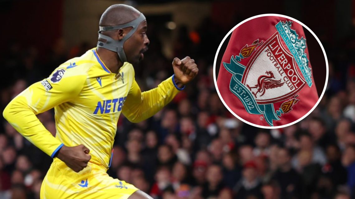 Jean-Philippe Mateta celebrates after scoring for Crystal Palace against Arsenal in the Premier League. Liverpool badge on a corner flag ahead of t...