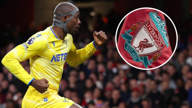 Jean-Philippe Mateta celebrates after scoring for Crystal Palace against Arsenal in the Premier League. Liverpool badge on a corner flag ahead of t...