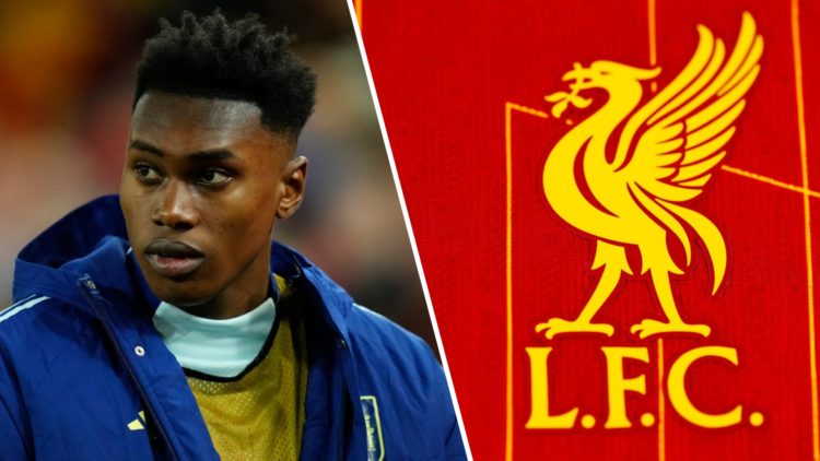 Spain striker Samu Aghehowa pictured during the UEFA Nations League match against Netherlands at Mestalla Stadium. Liverpool badge close-up as seen...