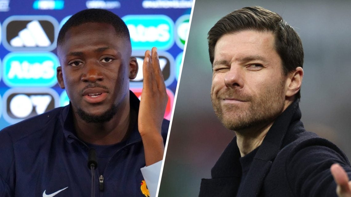 Left: Ibrahima Konate during a France press conference. Right: Xabi Alonso picture on the Bayer Leverkusen pitch.