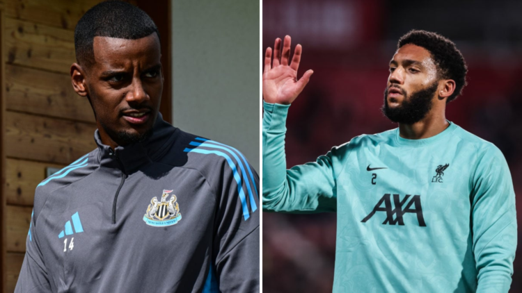 Left, Alexander Isak during the Pre Season Training Camp at FC Seefelder Plateau on July 14, 2025 in Innsbruck, Austria. Right, Joe Gomez of Liverp...