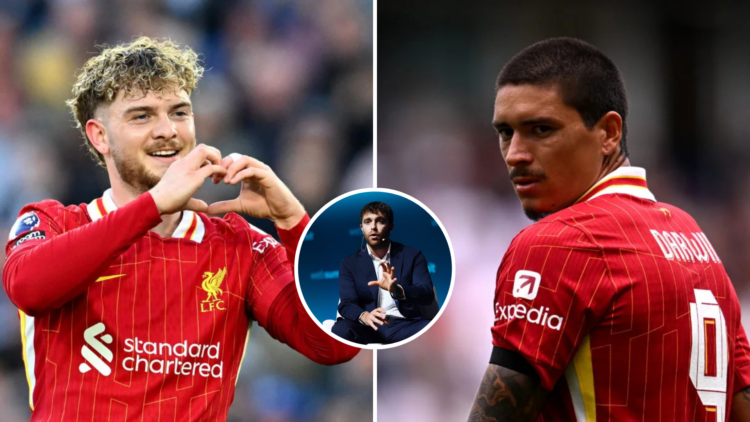 Left, (SUN OUT, SUN ON SUNDAY OUT) Harvey Elliott of Liverpool celebrates scoring his team's first goal during the Premier League match between Bri...