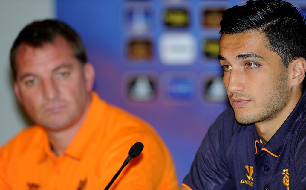 Brendan Rodgers manager and Nuri Sahin of Liverpool during a press conference at Stade de Suisse, Wankdorf