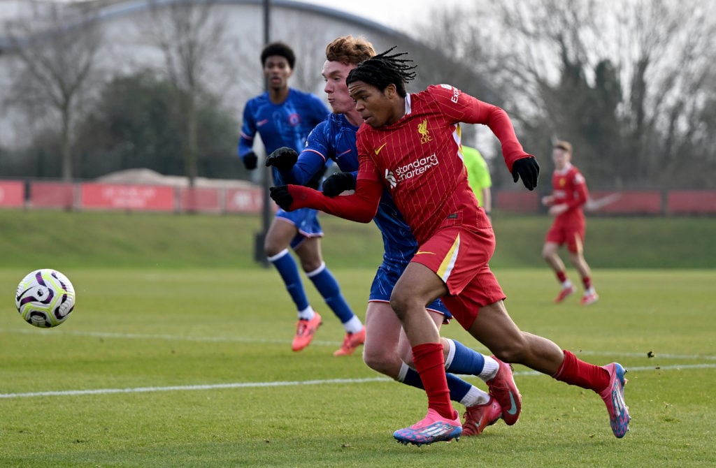 Rio Ngumoha of Liverpool and Brodi Hughes of Chelsea in action during the PL2 game at AXA Melwood Training Centre