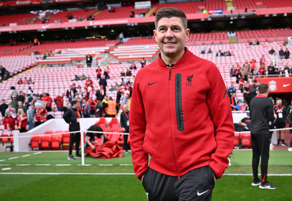 Steven Gerrard of Liverpool Legends inspects the pitch prior to prior to the Legends Charity Match between Liverpool Legends and Chelsea Legends at Anfield