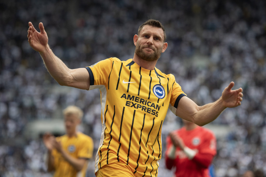 James Milner reacts after Brighton & Hove Albion's Premier League match against Tottenham Hotspur at the Tottenham Hotspur Stadium.