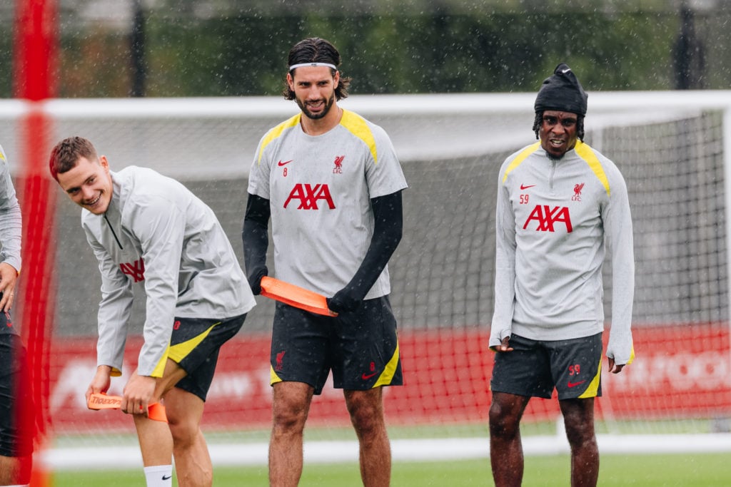 Florian Wirtz pictured in Liverpool training with Dominik Szoboszlai and Jeremie Frimpong